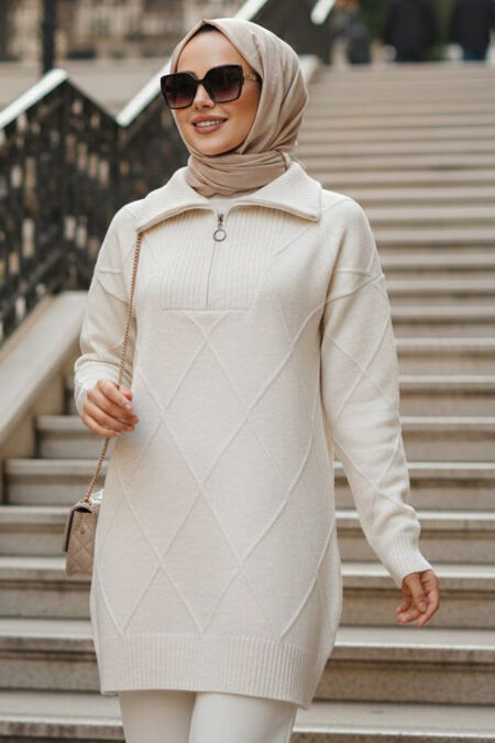 Diamond Detailed Beige Modest Knit Sweater Tunic 83961BEJ - 