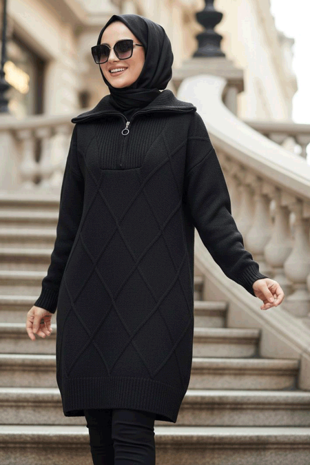 Diamond Detailed Black Modest Knit Sweater Tunic 83961S - 