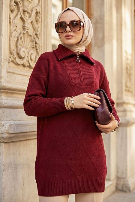Diamond Detailed Claret Red Modest Knit Sweater 83961BR - 