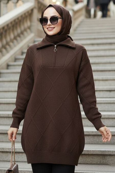 Diamond Detailed Dark Brown Modest Knit Sweater 83961KKH - 