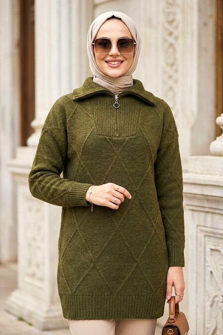 Diamond Detailed Dark Khaki Modest Knit Sweater Tunic 83961KHK - 