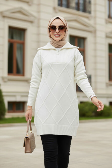 Diamond Detailed Ecru Modest Knit Sweater Tunic 83961E - 