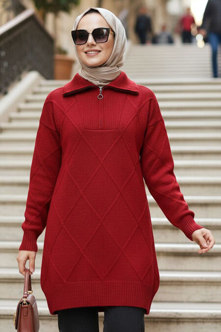 Diamond Detailed Red Modest Knit Sweater Tunic 83961K - 