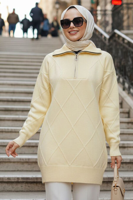 Diamond Detailed Yellow Modest Knit Sweater 83961SR - 