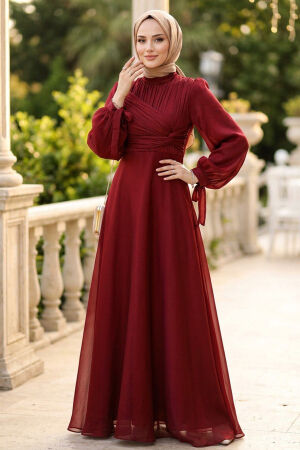 Drape Detail Burgundy Modest Evening Dress 62201BR - 