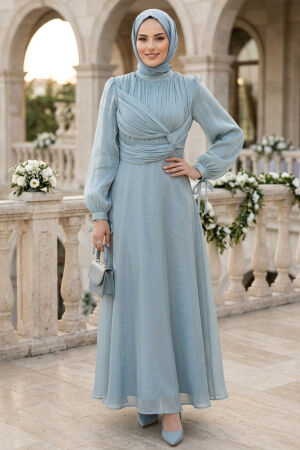 Drape Detail Mint Modest Evening Dress 62201MINT - 