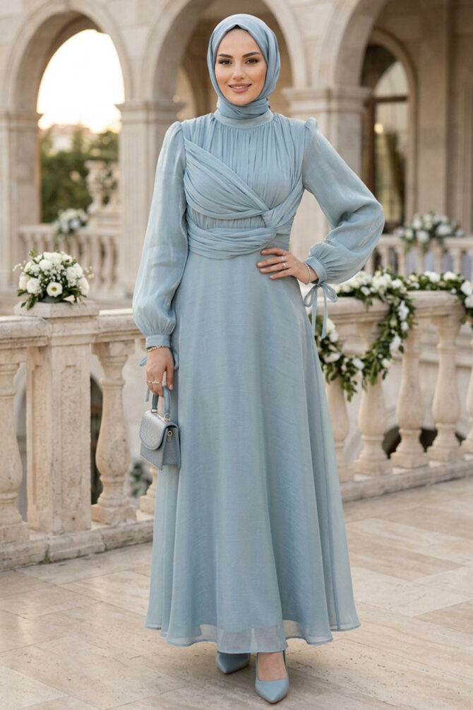 Drape Detail Mint Modest Evening Dress 62201MINT - 