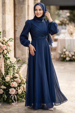 Drape Detail Navy Modest Evening Dress 62201L - 