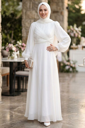 Drape Detail White Modest Evening Dress 62201B - 