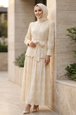 Draped Belted Eyelet Beige Modest Two-Piece Set 50071BEJ - 