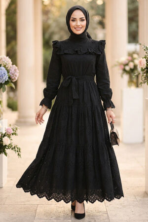 Draped Belted Eyelet Black Modest Two-Piece Set 50071S - 