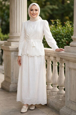 Draped Belted Eyelet White Modest Two-Piece Set 50071B - 