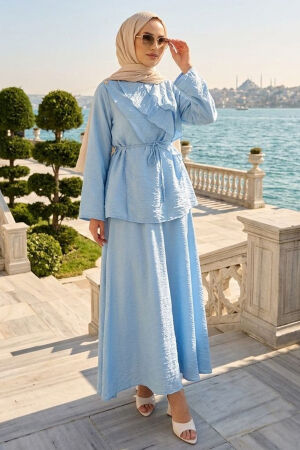 Draped Belted Tulle Modal Blue Modest Set 31051M - 