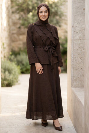 Draped Belted Tulle Modal Dark Brown Modest Set 31051KKH - 