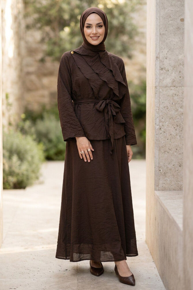 Draped Belted Tulle Modal Dark Brown Modest Set 31051KKH - 
