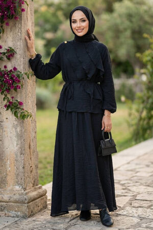 Draped Belted Tulle Modal Navy Modest Set 31051L - 
