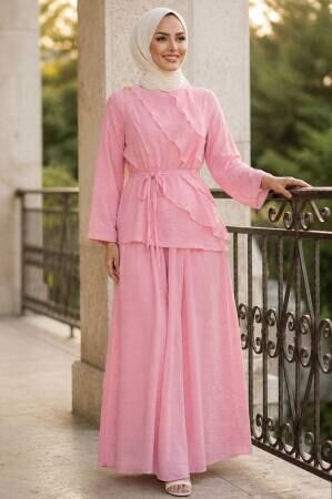 Draped Belted Tulle Modal Pink Modest Set 31051P - 