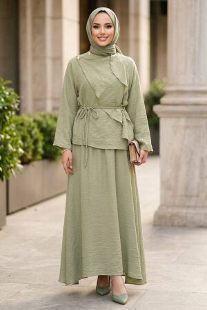 Draped Belted Tulle Modal Pistachio Green Modest Set 31051FY - 
