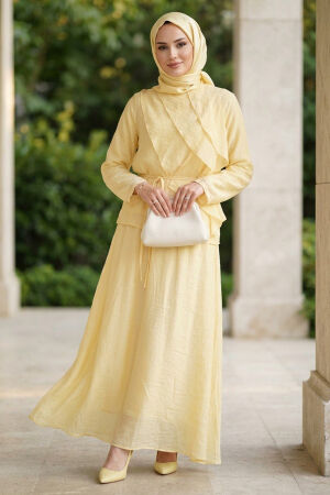 Draped Belted Tulle Modal Yellow Modest Set 31051SR - 