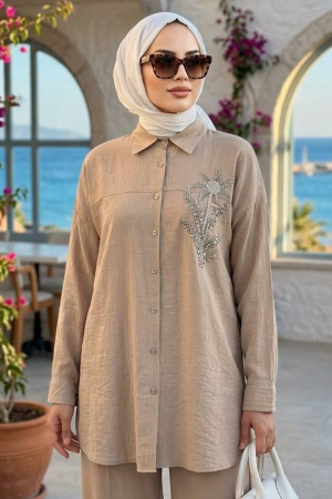 Buttoned Beige Modest Shirt 10084BEJ - 