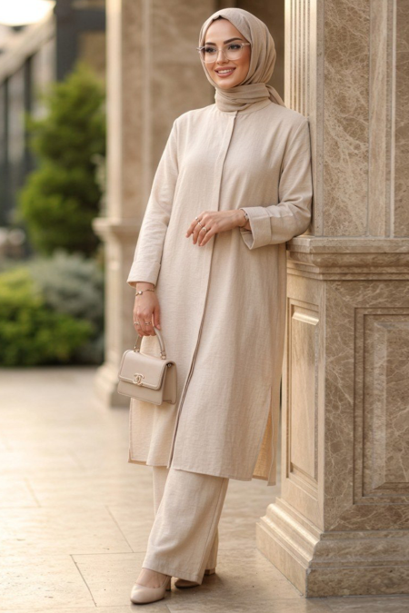 Buttoned Beige Modest Two-Piece Set 76591BEJ - 
