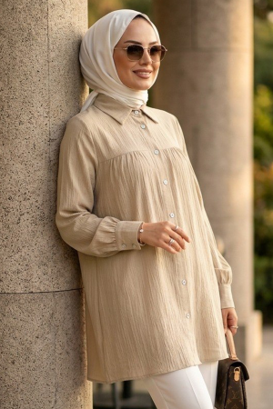 Buttoned Beige Modest Tunic 10682BEJ - 