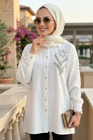 Buttoned White Modest Shirt 10084B - 