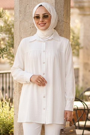 Buttoned White Modest Tunic 10682B - 