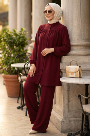 Buttoned Burgundy Modest Two-Piece Set 12172BR - 
