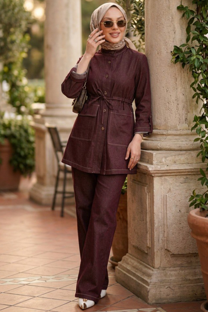 Buttoned Burgundy Modest Denim Two-Piece Set 20137BR - 