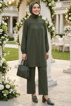Buttoned Khaki Modest Two-Piece Set 12172HK - 