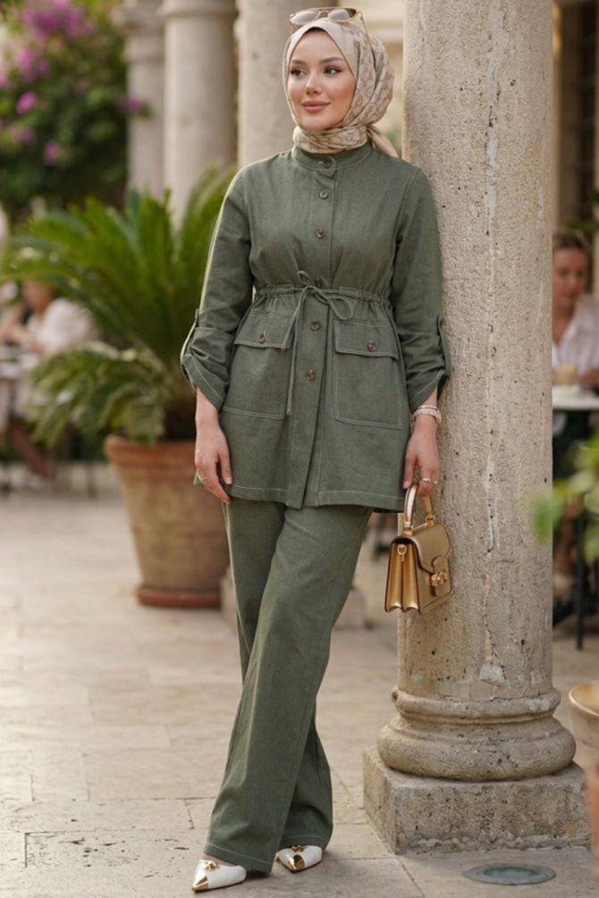 Buttoned Khaki Modest Denim Two-Piece Set 20137HK - 