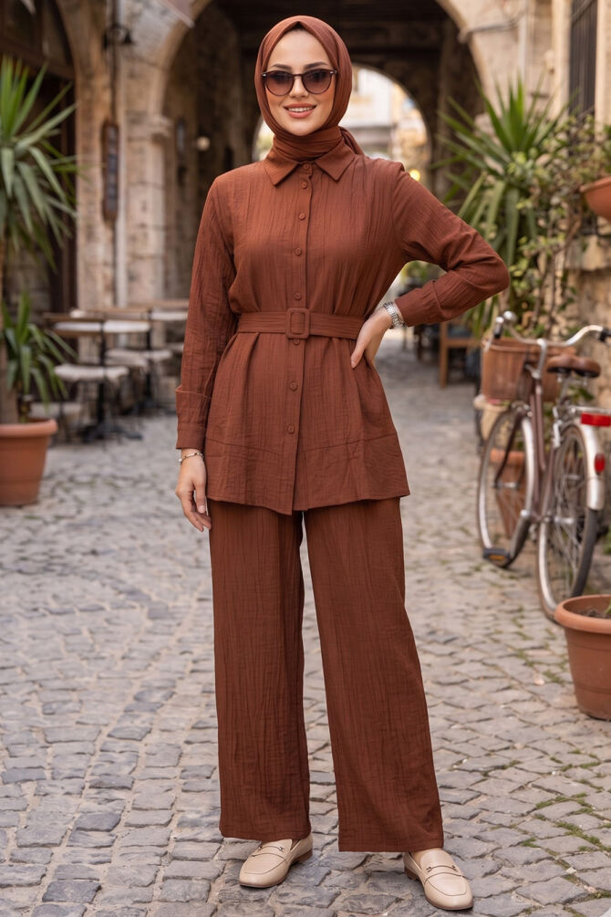 Buttoned Brown Modest Two-Piece Set 20374KH - 