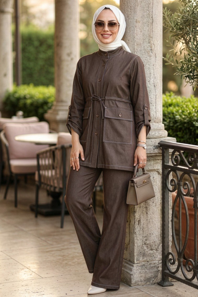 Buttoned Brown Modest Denim Two-Piece Set 20137KH - 