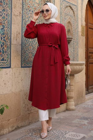 Buttoned Red Modest Tunic 32172K - 