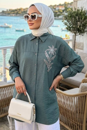 Buttoned Dark Mint Modest Shirt 10084KMINT - 