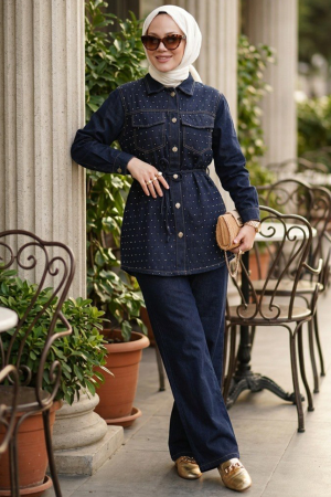 Buttoned Navy Blue Modest Denim Two-Piece Set 10064L - 