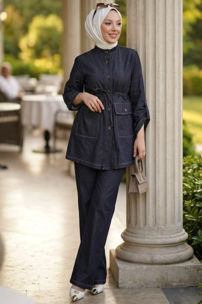 Buttoned Navy Blue Modest Denim Two-Piece Set 20137L - 