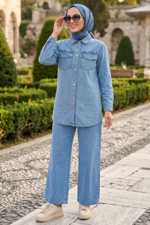 Buttoned Blue Modest Denim Two-Piece Set 10064M - 