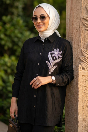 Buttoned Black Modest Shirt 10084S - 