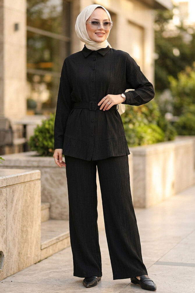 Buttoned Black Modest Two-Piece Set 20374S - 