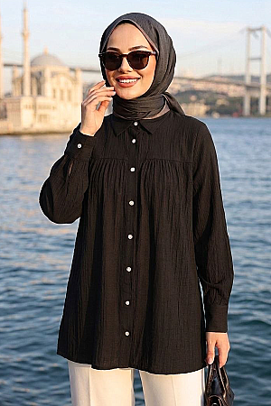Buttoned Black Modest Tunic 10682S - 