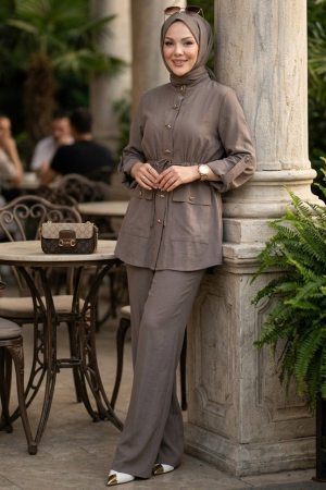 Buttoned Taupe Modest Two-Piece Set 20043V - 