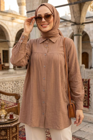 Buttoned Taupe Modest Tunic 10682V - 