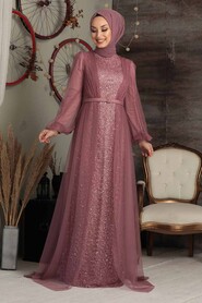 Neva Style - Luxorious Dusty Rose Islamic Evening Gown 5383GK - Thumbnail