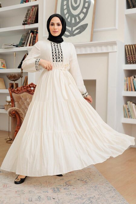 Black And White Formal Attire With Hijab Ecru Hijab Dress 10369E
