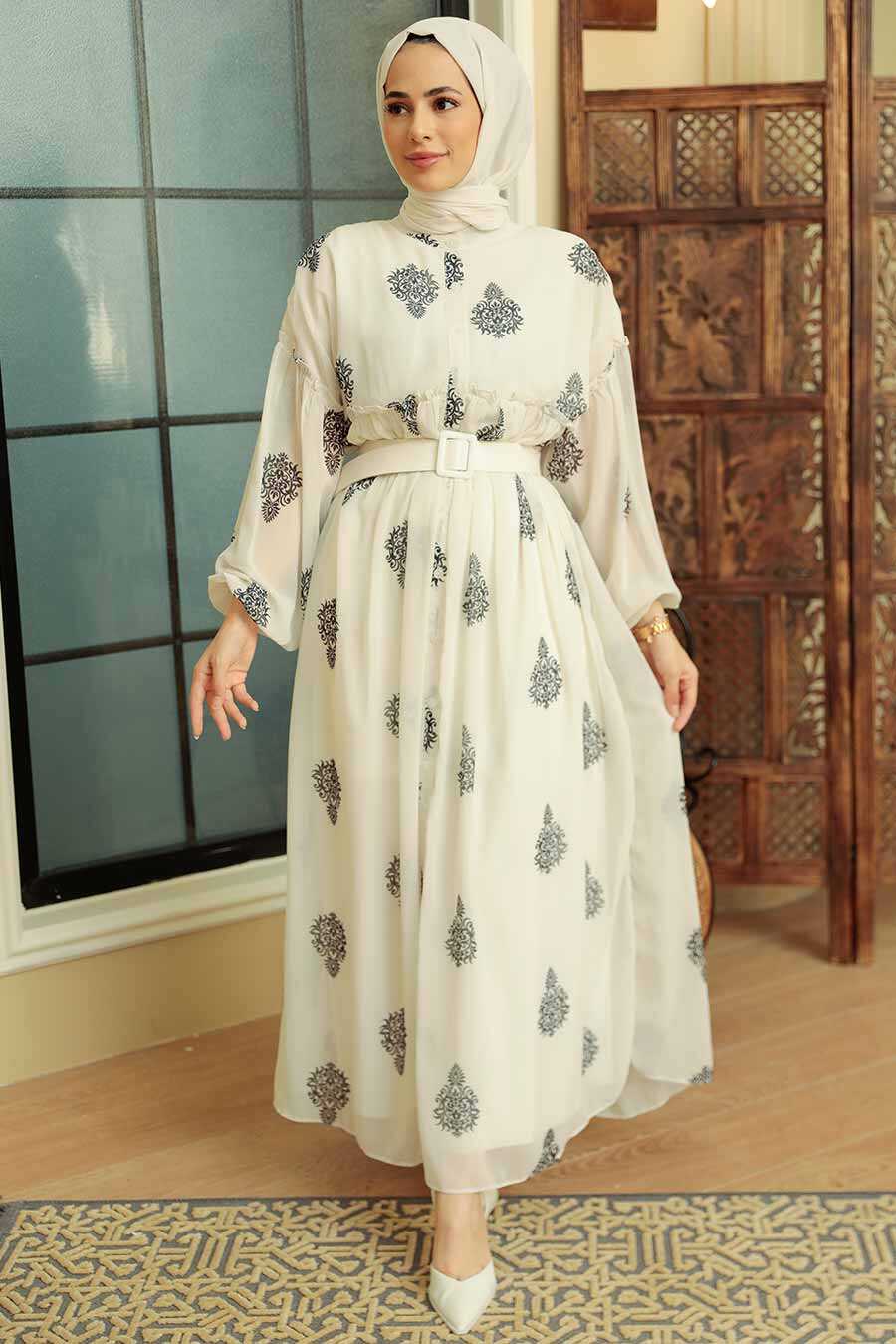 Ecru Hijab Dress 10437E - Neva-style.com Ecru Hijab Dress 10437E - Neva-style.com