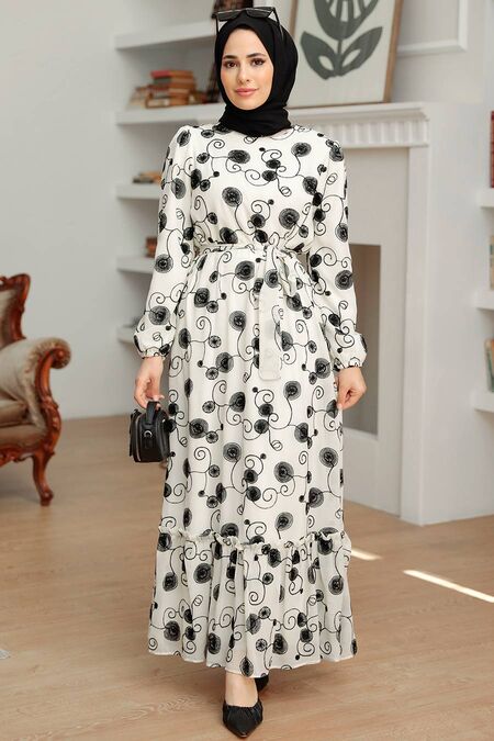 Ecru Hijab Dress 13311E - NEVA STYLE