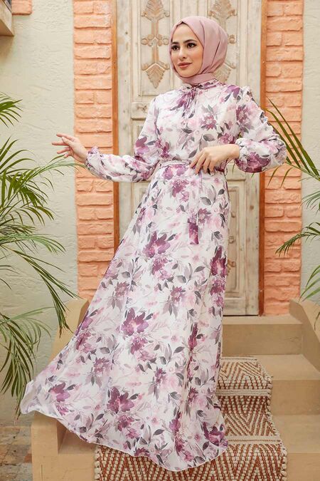Ecru Hijab Dress 279014E - NEVA STYLE
