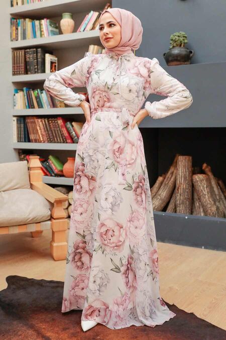 Ecru Hijab Dress 279018E - NEVA STYLE